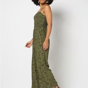 GAP Olive Green Smocked Top Jumpsuit with Black Floral Pattern NWT